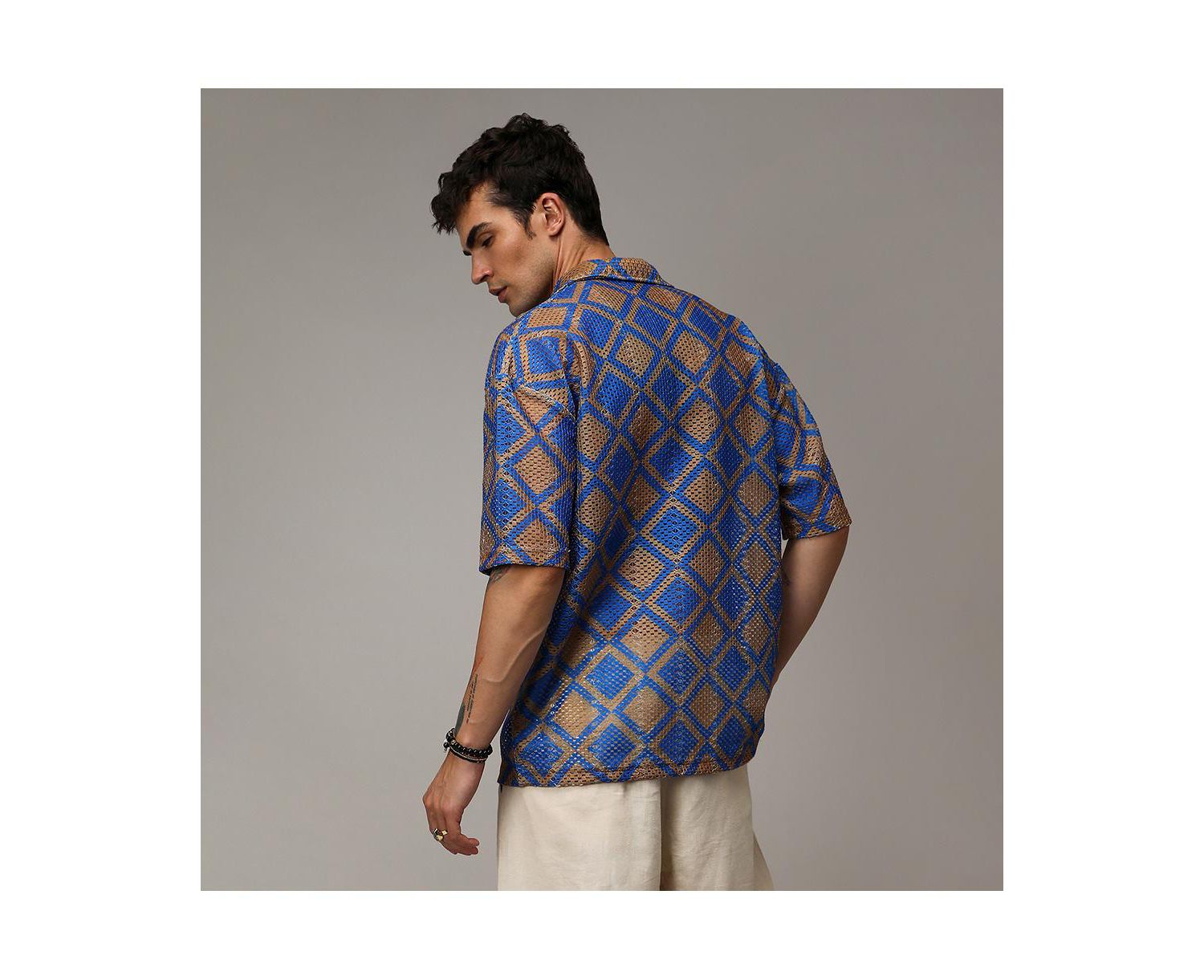 Men's Royal Blue & Mocha Brown Geometric Block Oversized Shirt
