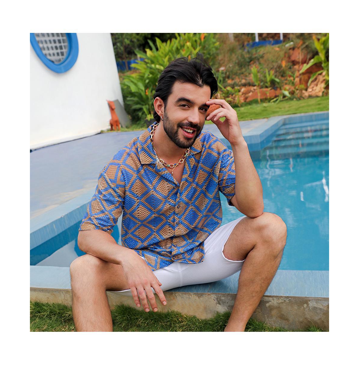 Campus Sutra Men's Royal& Mocha Brown Geometric Block Oversized Shirt - Blue