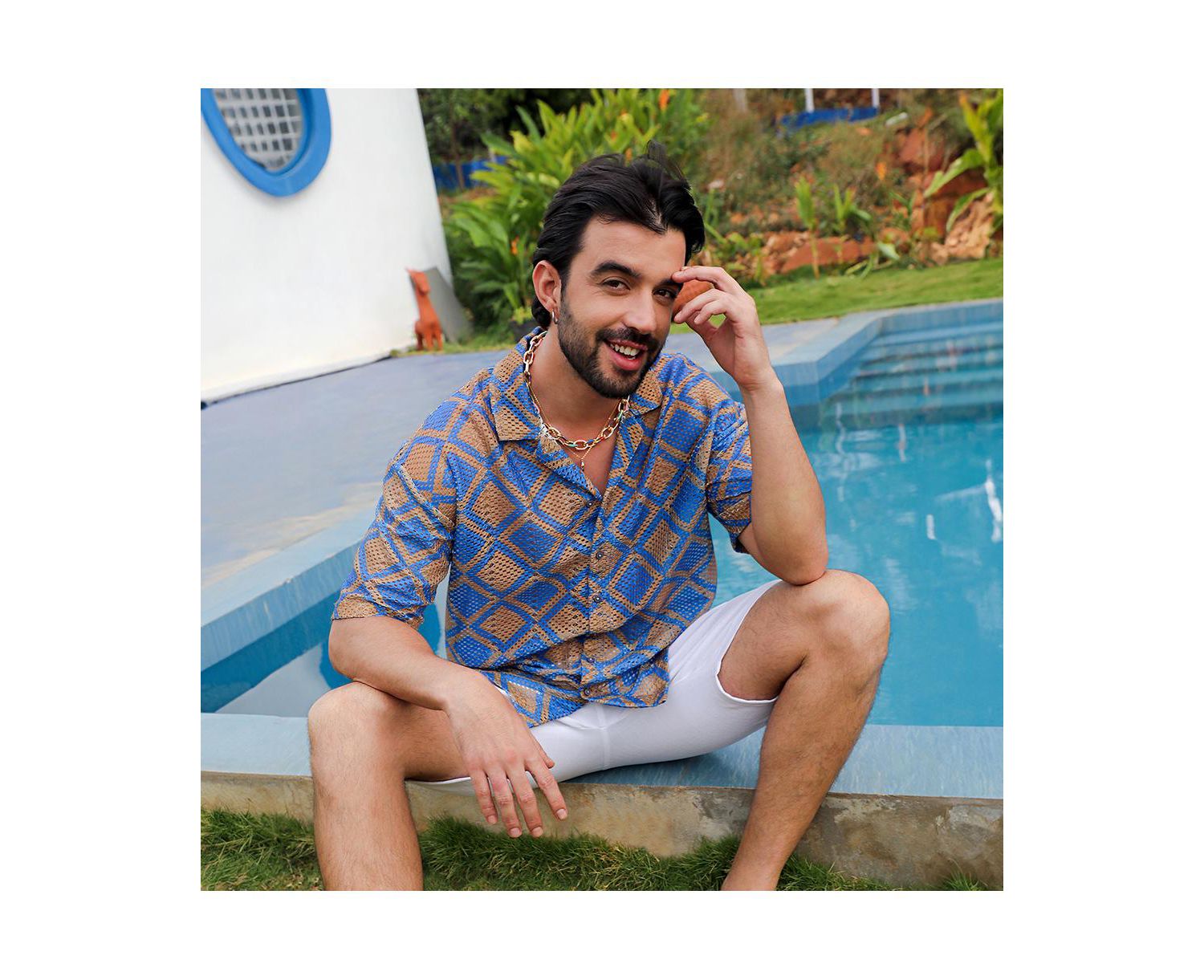 Men's Royal Blue & Mocha Brown Geometric Block Oversized Shirt
