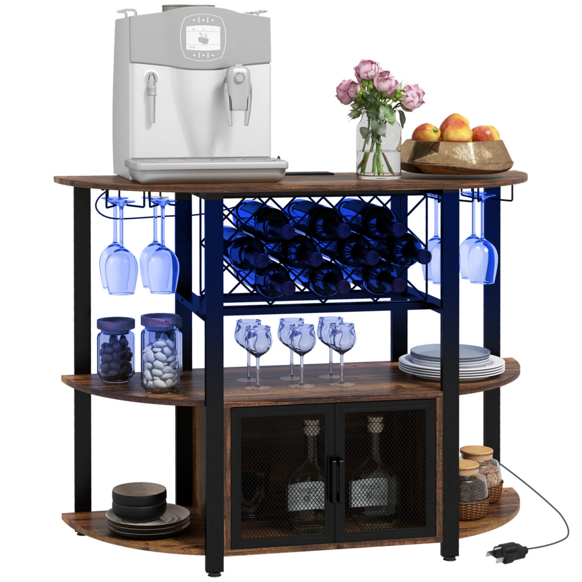 Streamdale Furniture Industrial Wine Cabinet with Charger and Led Lights