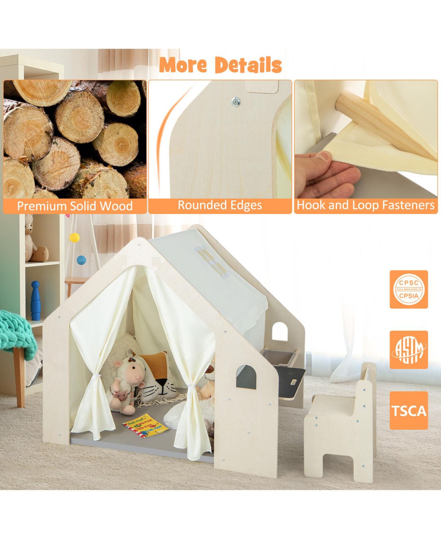 Детская игрушка SKONYON Montessori-Style Indoor Playhouse with Chalkboard, Ages 2+, цвет: Бежевый / Хаки — фото 7