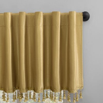 Evelina Faux Dupioni Silk Beaded Tassels Thermal Extreme 100% Blackout Back Tab Curtain Valance, 50" x 17