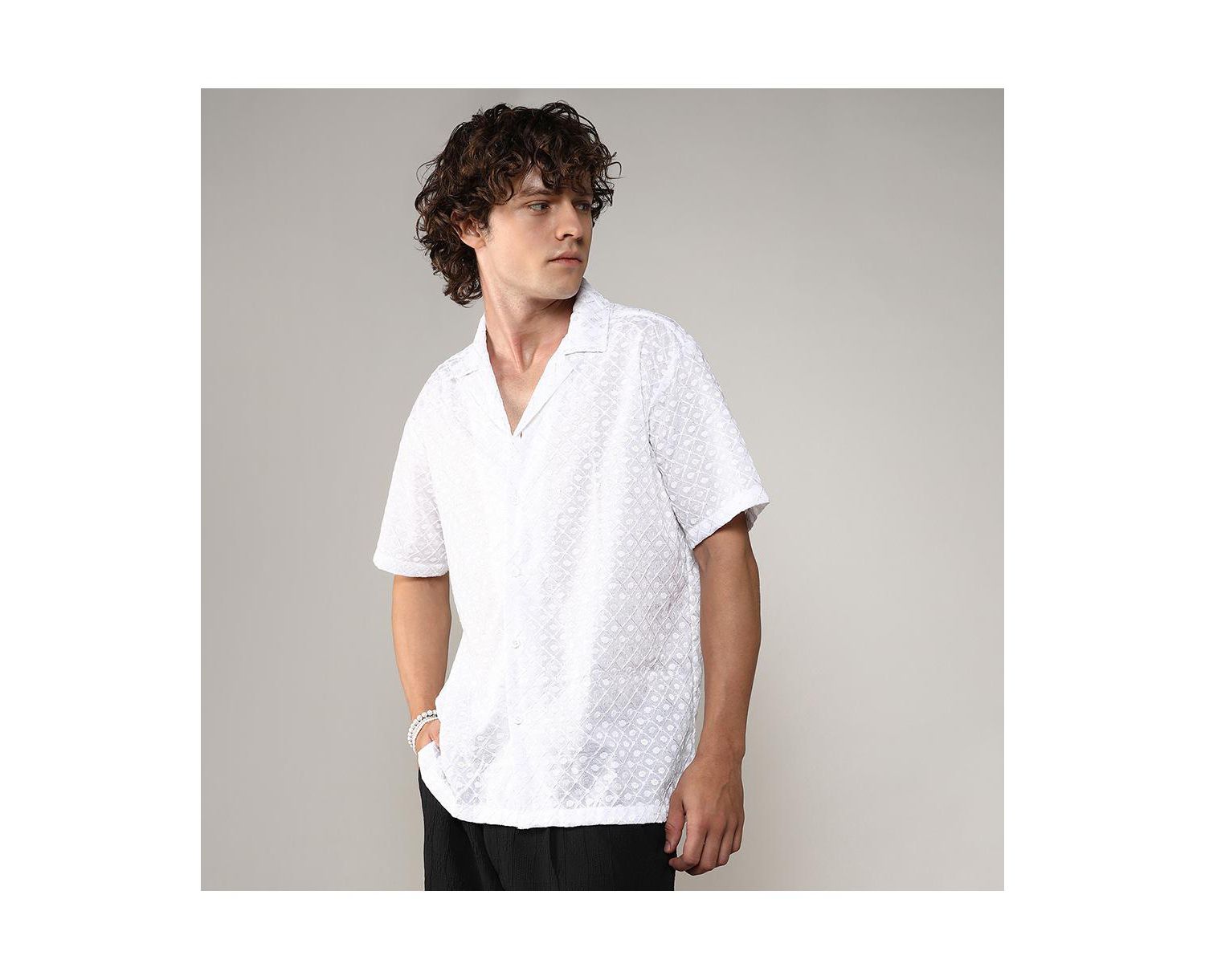 Men's Chalk White Embroidered Circular Shirt