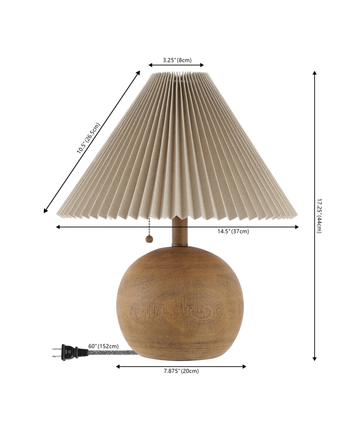 Jonathan Y Aksel 17.25" Coastal Scandinavian Resin/Iron Sphere Led Table Lamp with Pleated Shade and Pull Chain, Beige Wood Finish/White
