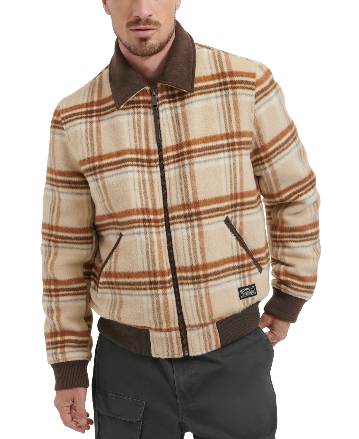 Men's Zip Corduroy-collar Jacket In Cream Plaid