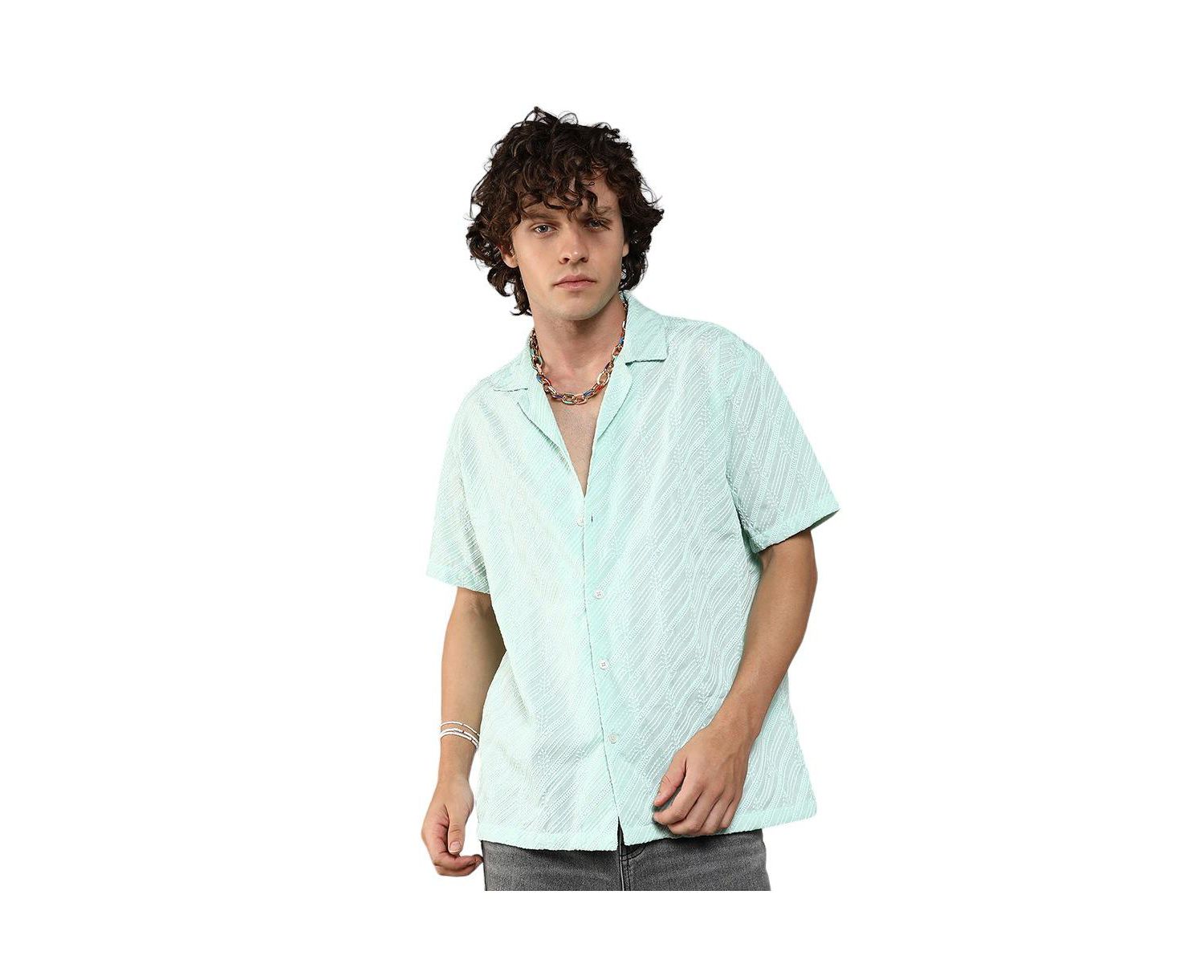 Men's Mint Green Embroidered Striped Shirt
