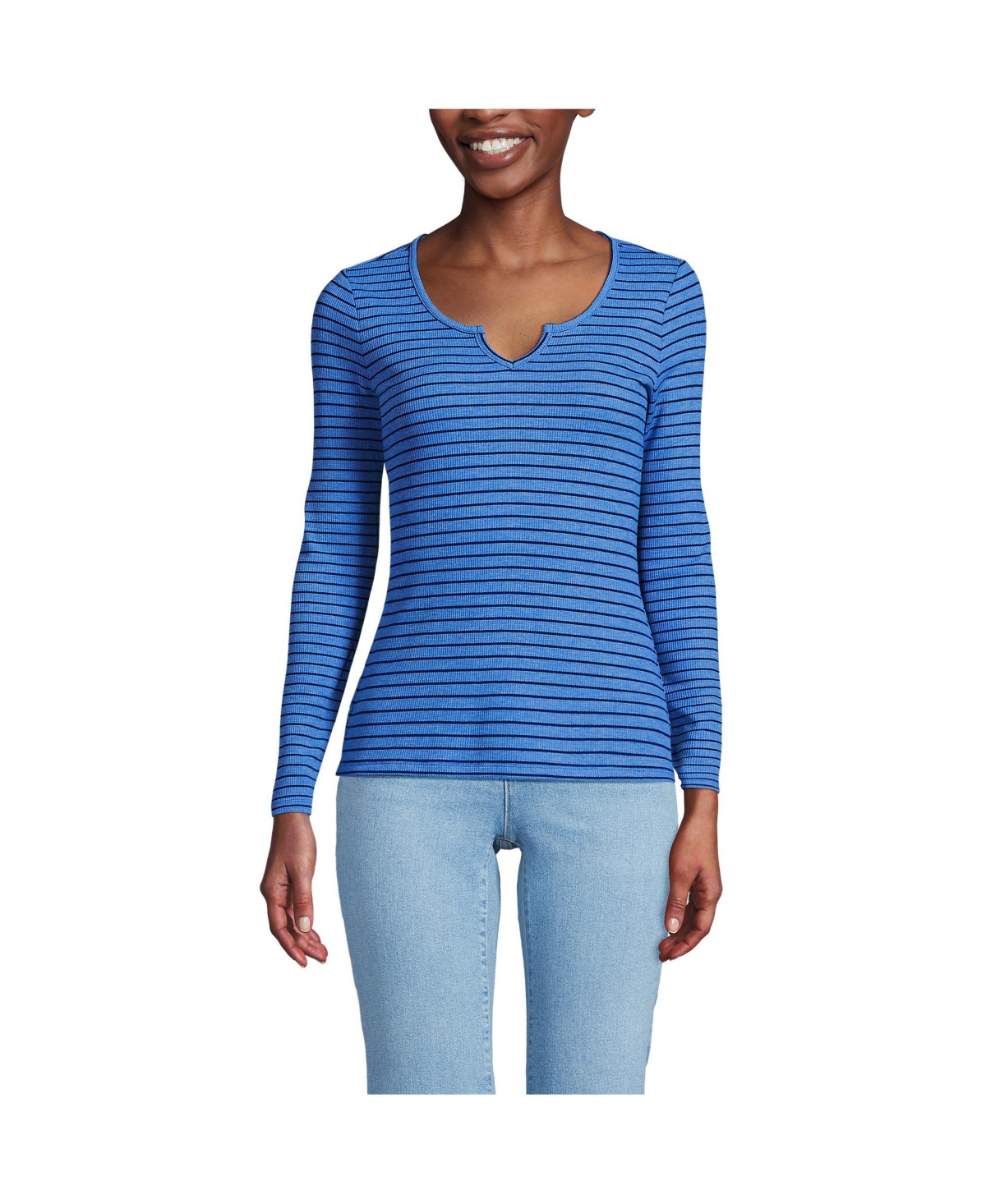 Women's Lightweight Waffle Skimming Long Sleeve Notch Neck T-Shirt - Blue mini breton stripe