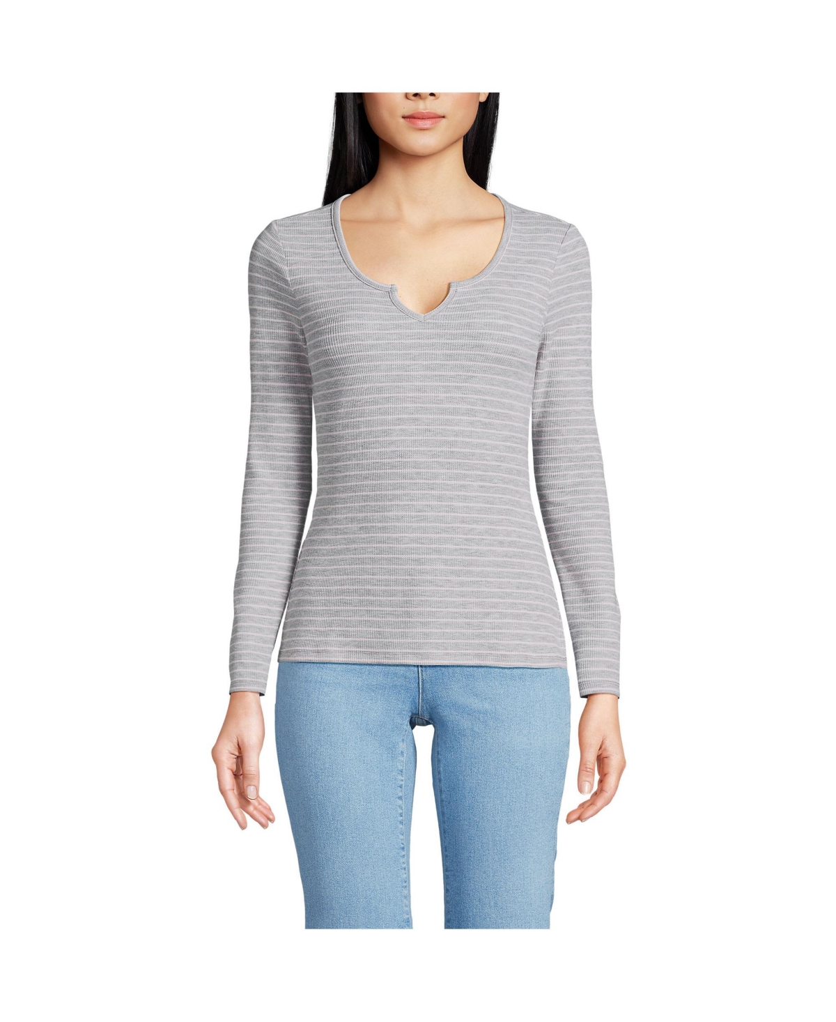 Women's Lightweight Waffle Skimming Long Sleeve Notch Neck T-Shirt - Blue mini breton stripe