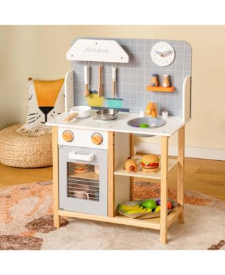 Wooden Kid's Play Kitchen Set Pretend Chef Cooking Toy with Cookware Accessories