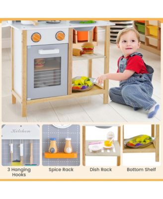 Wooden Kid's Play Kitchen Set Pretend Chef Cooking Toy with Cookware Accessories