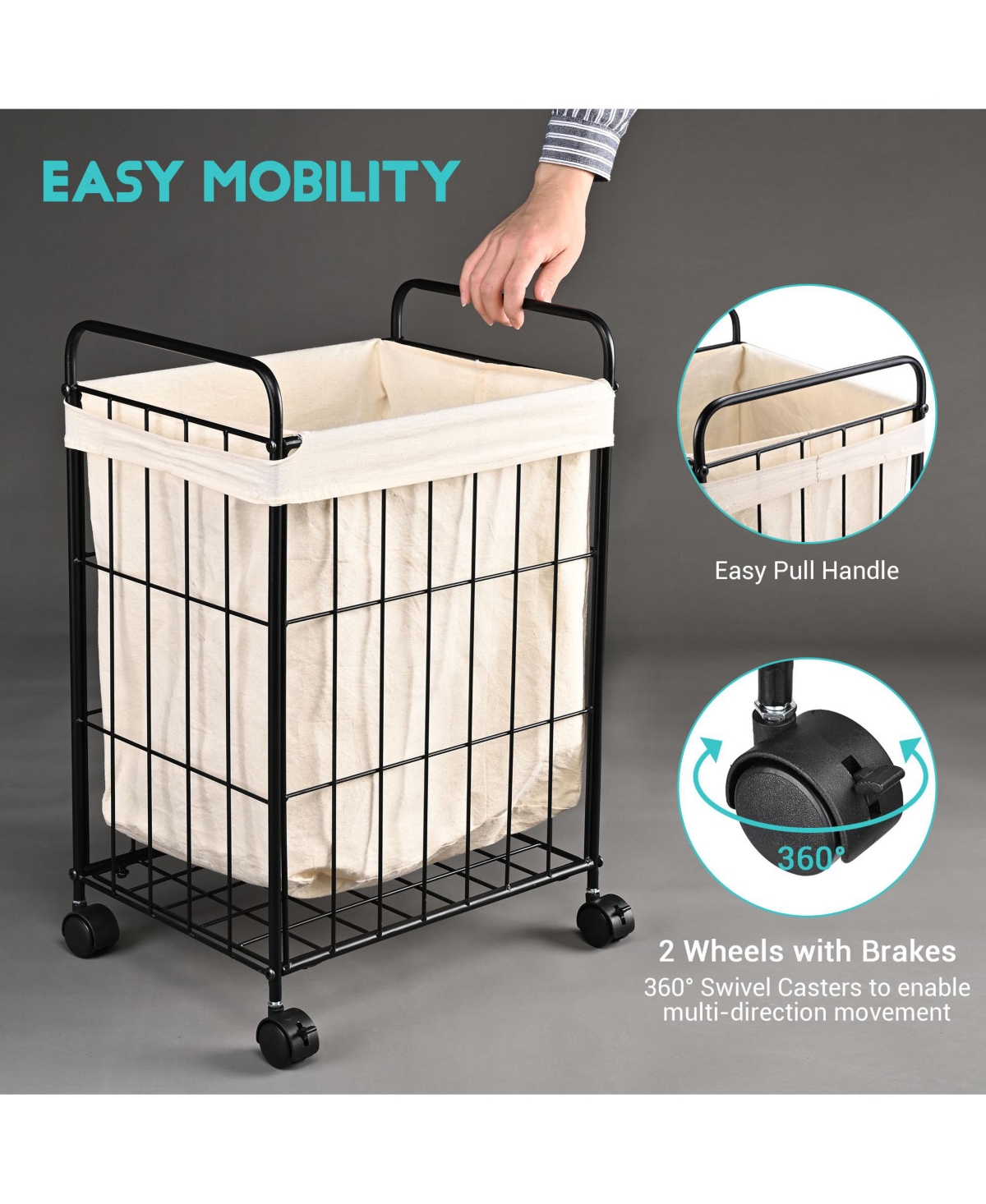 Laundry Hamper with Wheels Clothes Storage Bin Rolling Cart Industrial Style