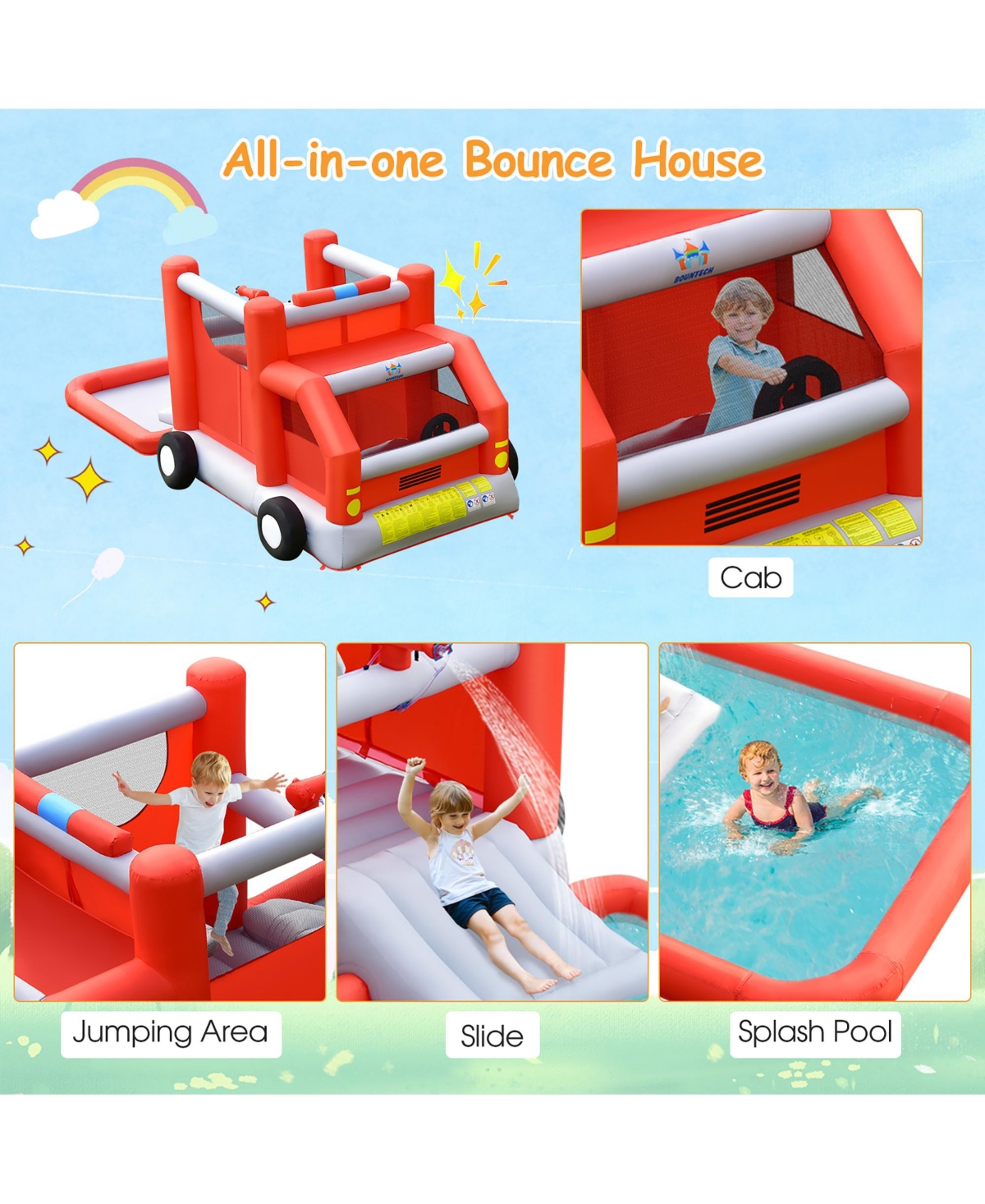 Costway Fire Truck Themed Inflatable Castle Water Park Kids Bounce House Blower Excluded
