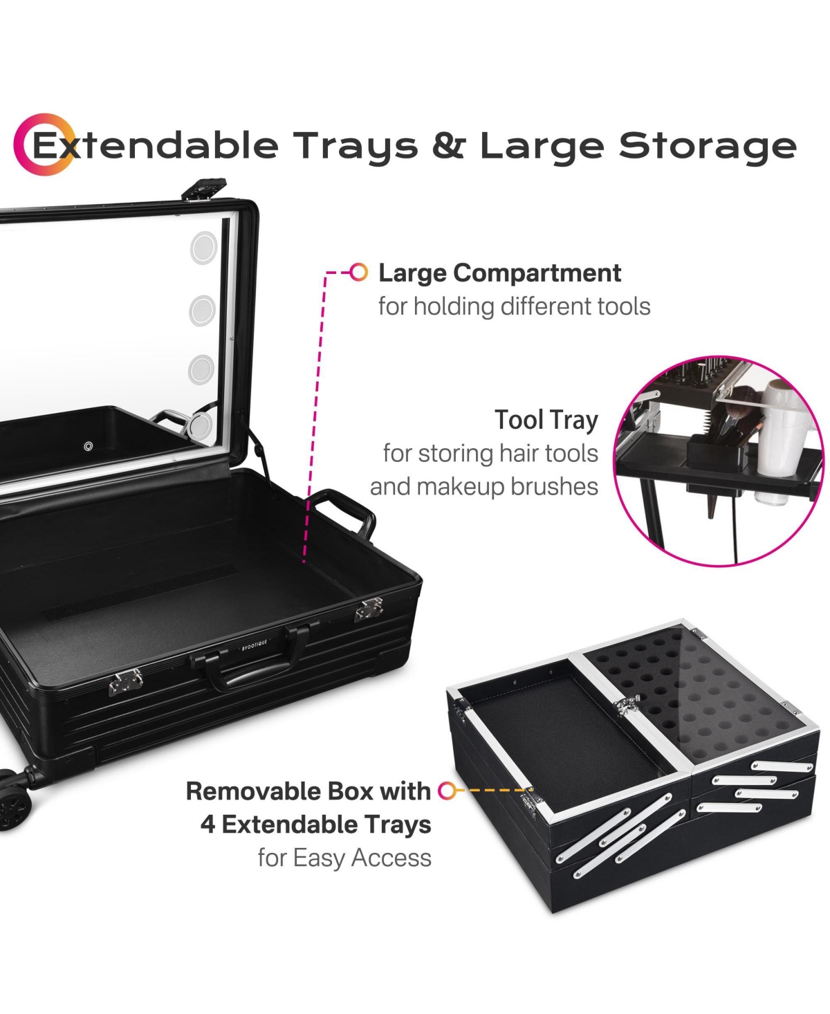 Byootique Rolling Makeup Case 24 Inch Led Lighted Mirror Cosmetic Travel Trolley