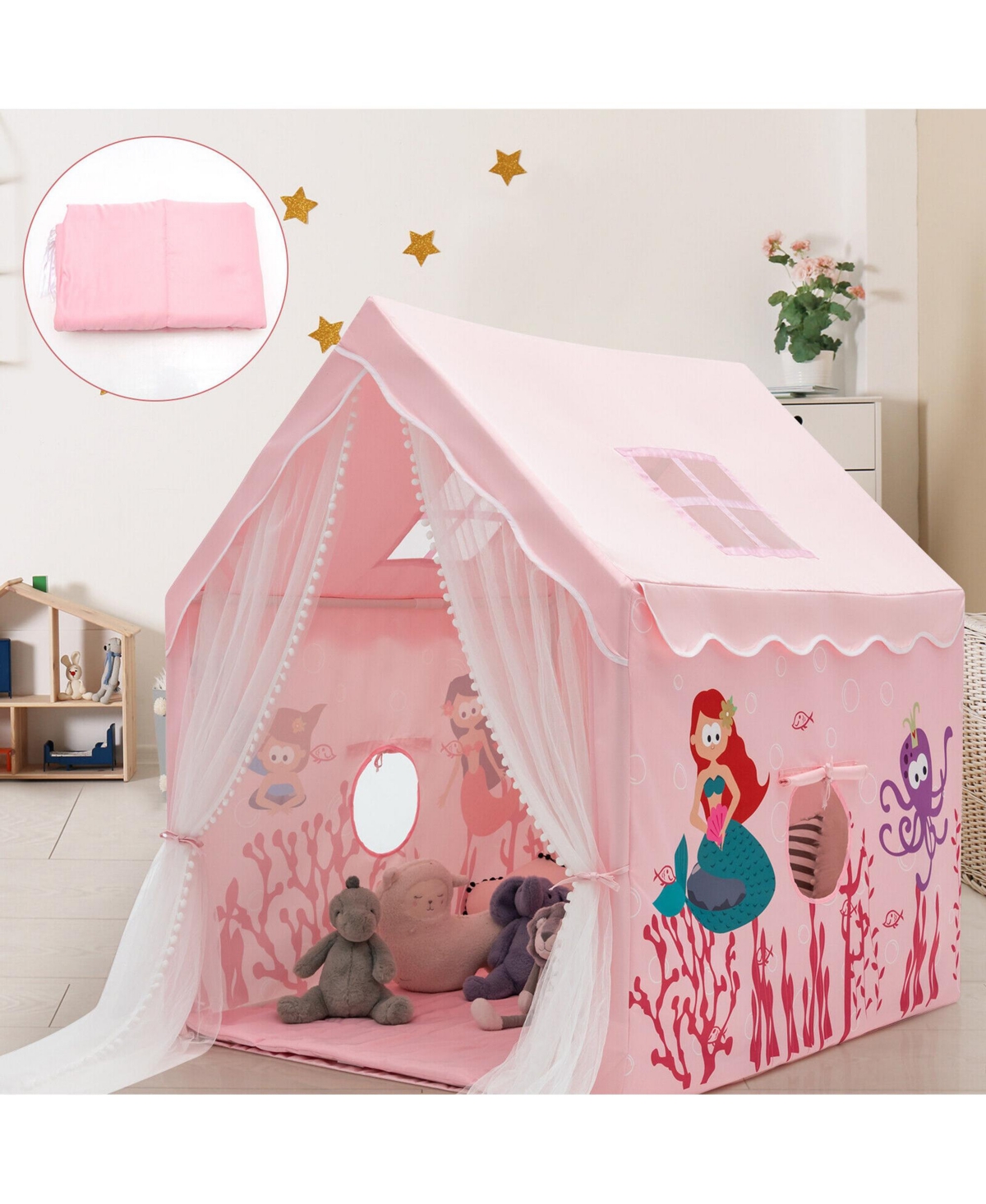 Costway Kids Playhouse Children Indoor Play Tent Gift w/ Cotton Mat Longer Curtain