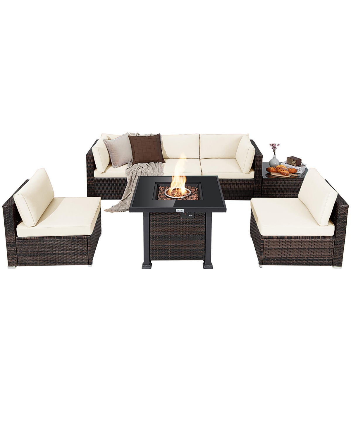 Costway 7PCS Patio Rattan Furniture Set Fire Pit Table Cover Glass Top Cushion