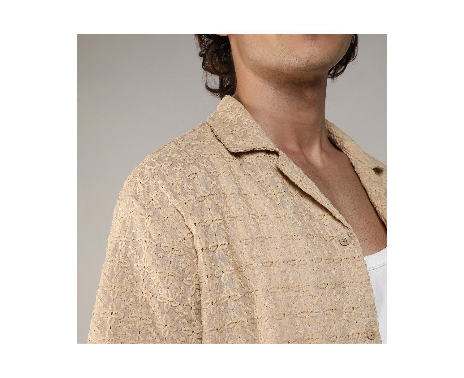 Men's Beige Embroidered Flora Shirt