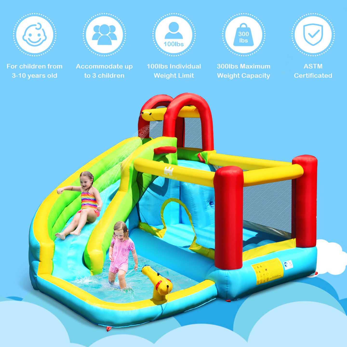 Детские игрушки Costway Inflatable Kids Water Slide Jumper Bounce House with Pool, 11' x 10' x 8', Accommodates 3 Children, от 3 лет, цвет: Синий — фото 3