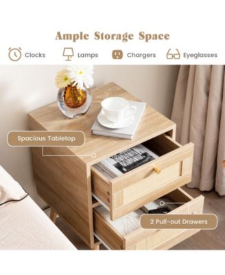 Rattan Nightstand Boho Accent Bedside Table with 2 Storage Drawers