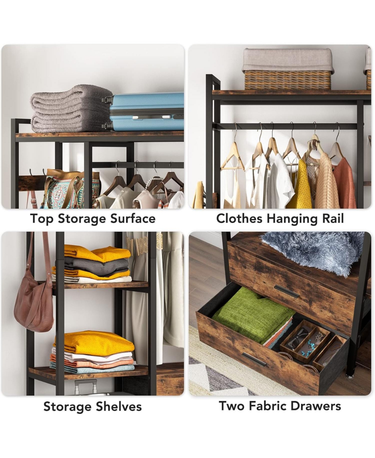 Tribesigns Freestanding Closet Organizer, Clothes Rack with Drawers and Shelves, Heavy Duty Garment Rack Hanging Clothing Wardrobe Storage Closet for
