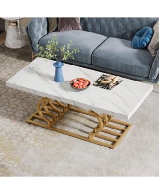 47-Inch Faux Marble Coffee Table with Geometric Frame, Rectangular Center Table for Living Room