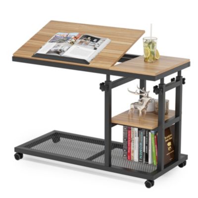 Adjustable C Table with Wheels, Tiltable Laptop Stand & TV Tray with Shelves for Sofa, Bedside, or Couch