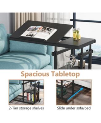 Adjustable C Table with Wheels, Tiltable Laptop Stand & TV Tray with Shelves for Sofa, Bedside, or Couch