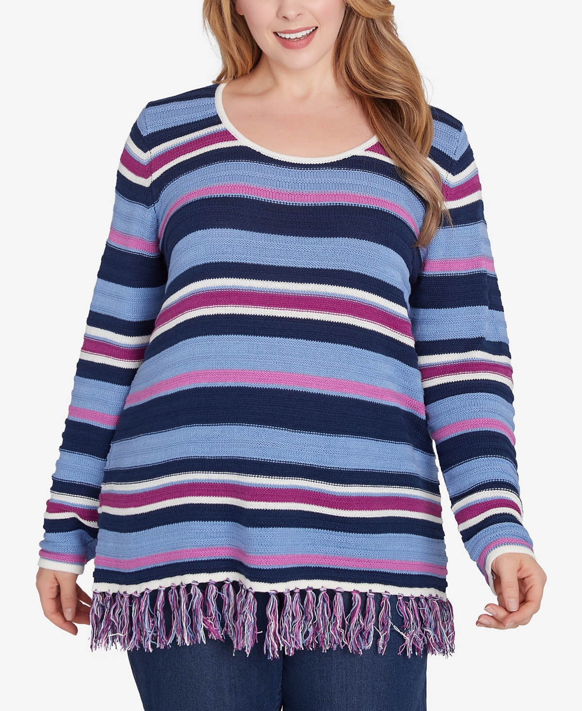 Plus Size Lets Rendez-Blue Printed Long Sleeve Sweater - Dark Violet Multi