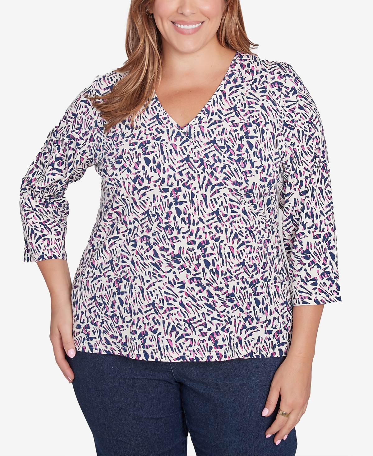 Plus Size Printed Essentials 3/4 Sleeve Top - Navy Multi