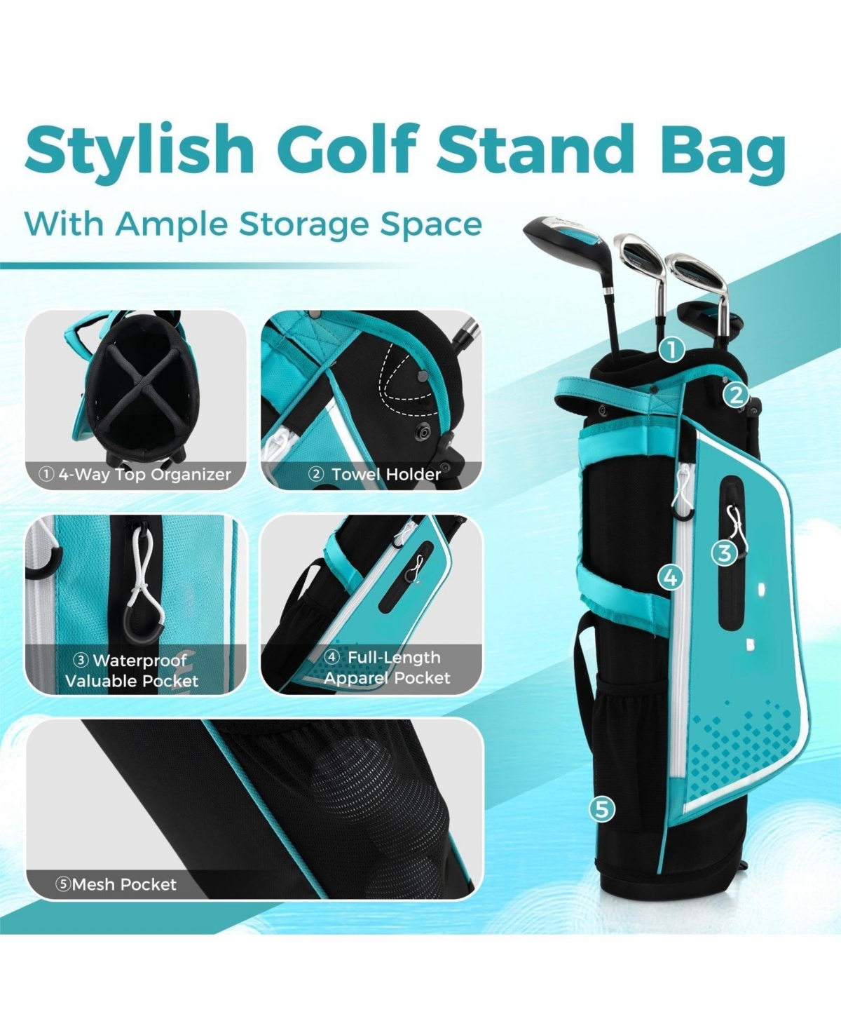 Skonyon Junior Complete Golf Club Set Right Hand with Rain Hood for Kids- Blue