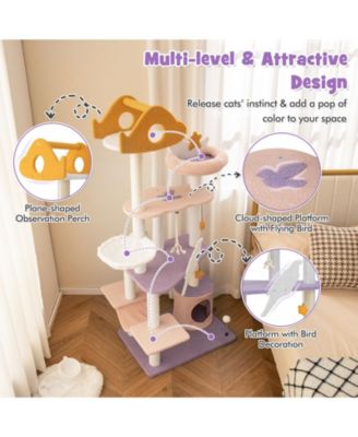 66 Inch Cute Cat Tree Cats Multi-level Tall Cat Tower with Sisal Covered Scratching Posts-Purple