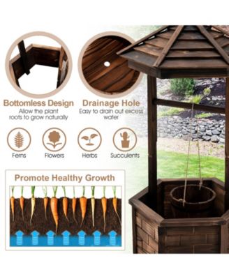 Rustic Wooden Wishing Well with Adjustable Hanging Bucket-Brown