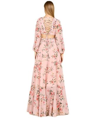 Women's Long Sleeve V-Neck, Layered Skirt Print Dress