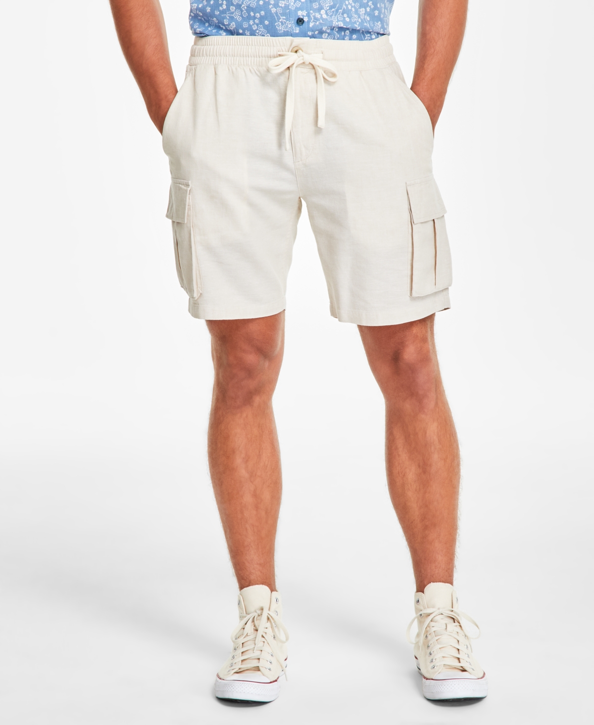 SUN + STONE MEN'S DRAWSTRING 8" LINEN BLEND CARGO SHORTS, EXCLUSIVELY AT MACY'S 