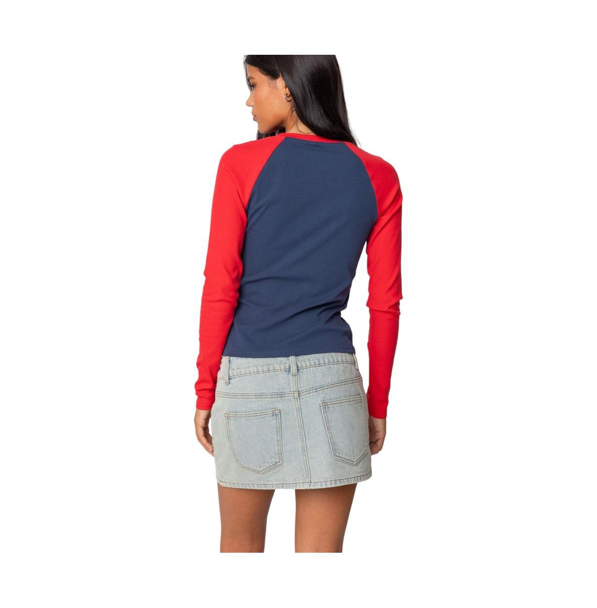 Edikted Women's Tommi Raglan Long Sleeve T Shirt - Navy-and-red