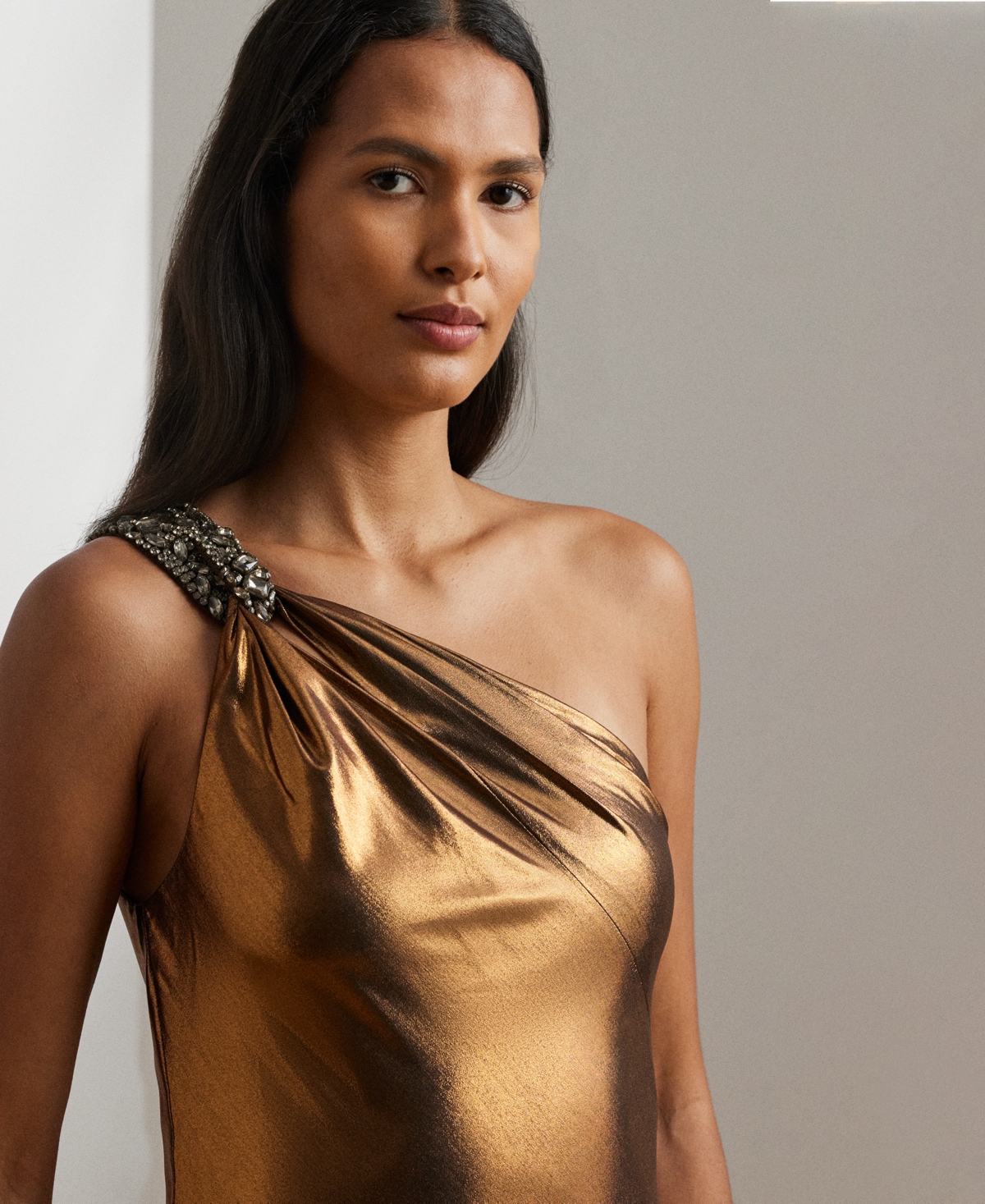 Ralph Lauren Women's One-shoulder Metallic Chiffon Gown In Cpfoil Blk