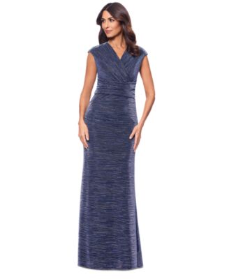 Betsy & Adam Petite Draped V-Neck Metallic Gown