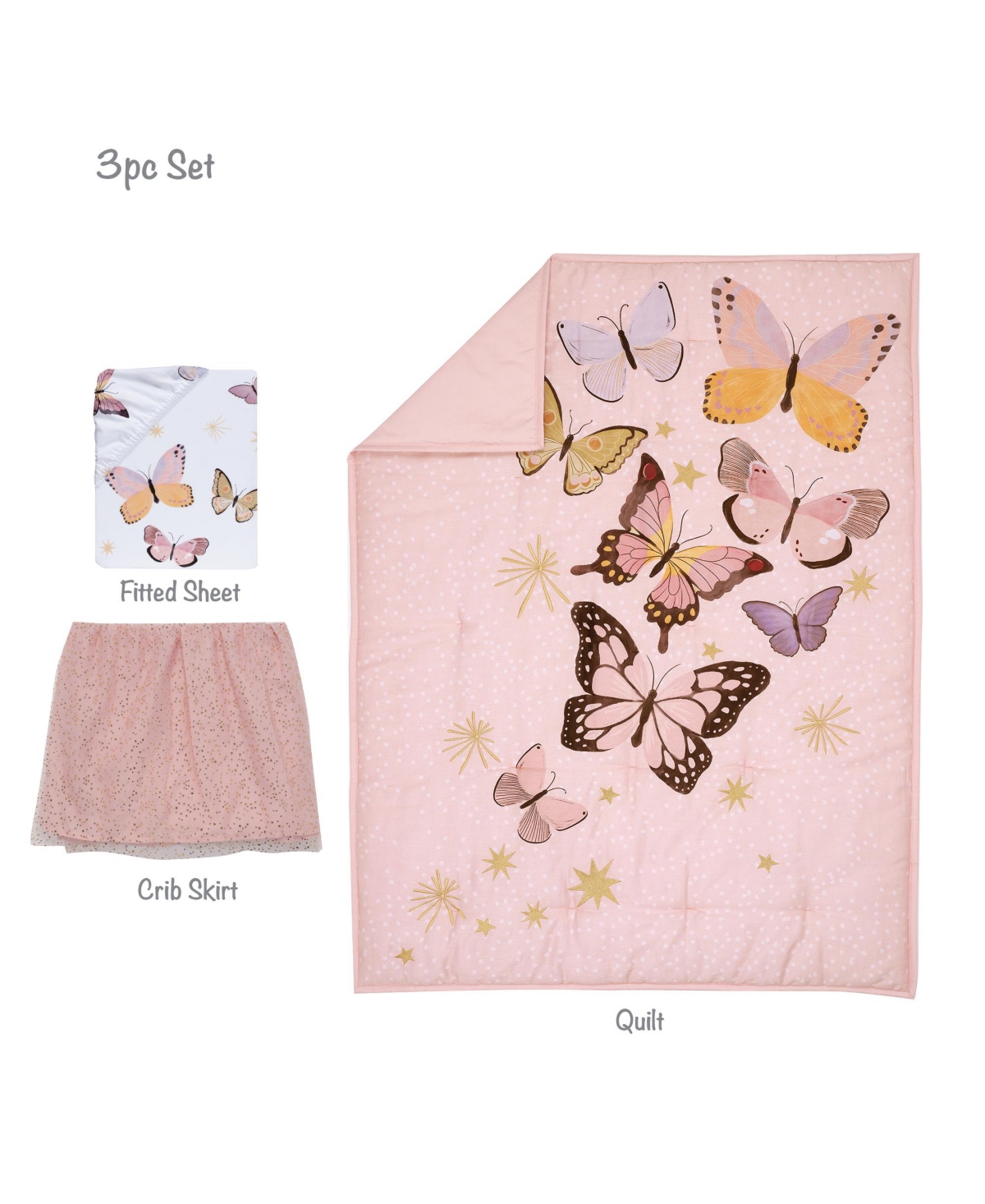Lambs & Ivy Butterfly DreamsGold 3-Piece Nursery Baby Bedding Set - Pink
