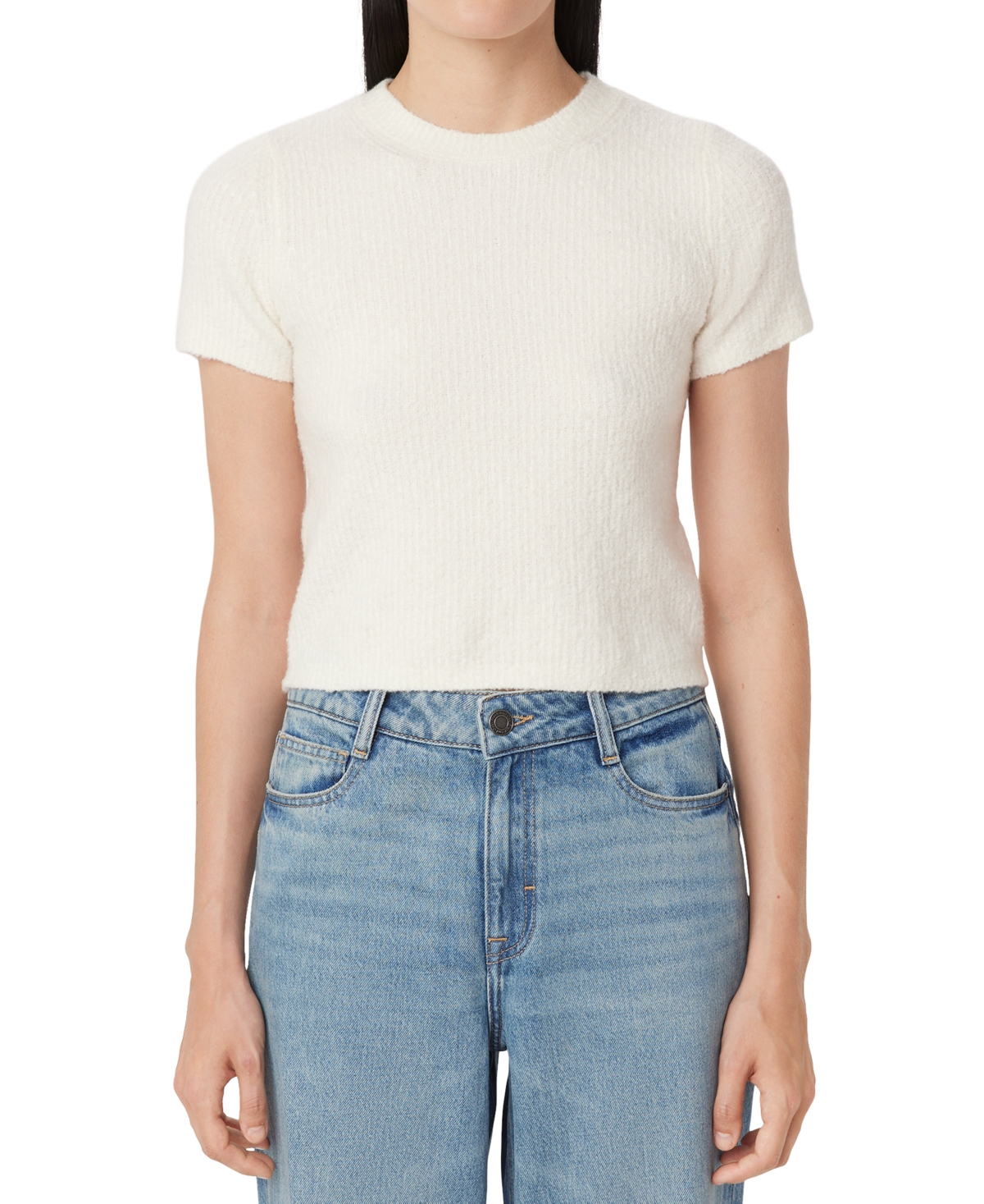 Women's Fuzzy Crewneck Short-Sleeve Sweater - White