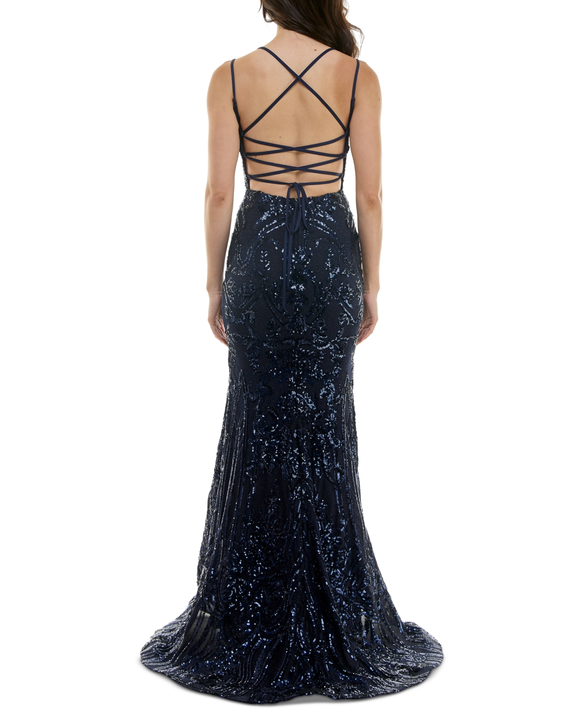 B Darlin Juniors' Sequined Lace-Up Gown -navy