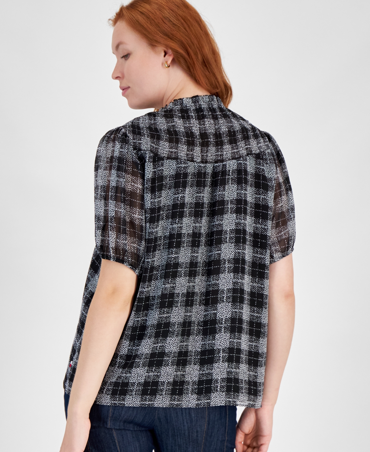 Tommy Hilfiger Women's Plaid Smocked Short-Sleeve Popover Top -Ivory