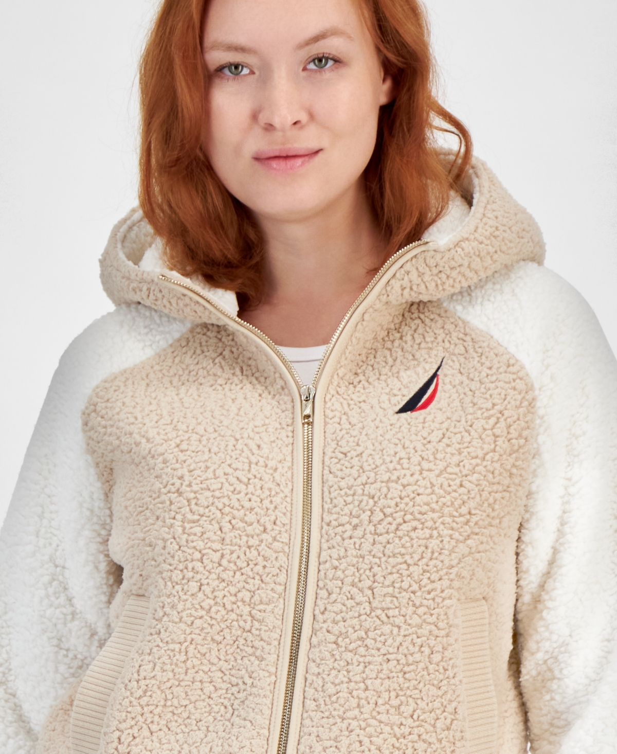 Nautica Jeans Women's Colorblocked Zip-Up Sherpa Jacket -Soft Ivory