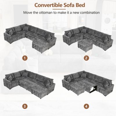 112" Sectional Pull-out Sofa with Storage Ottoman