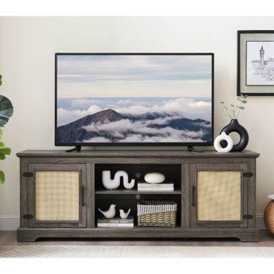 Farmhouse Rattan TV Console with Storage and Doors (65")