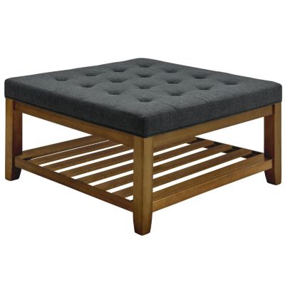 Streamdale Linen-Tufted Coffee Table Ottoman with Beechwood Shelf and Frame