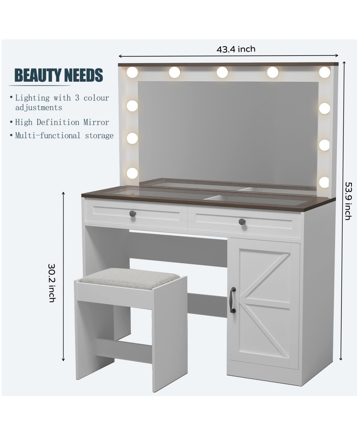 Streamdale Furniture Makeup Vanity with Large Mirror, Adjustable Led Lights, and 3 Drawers