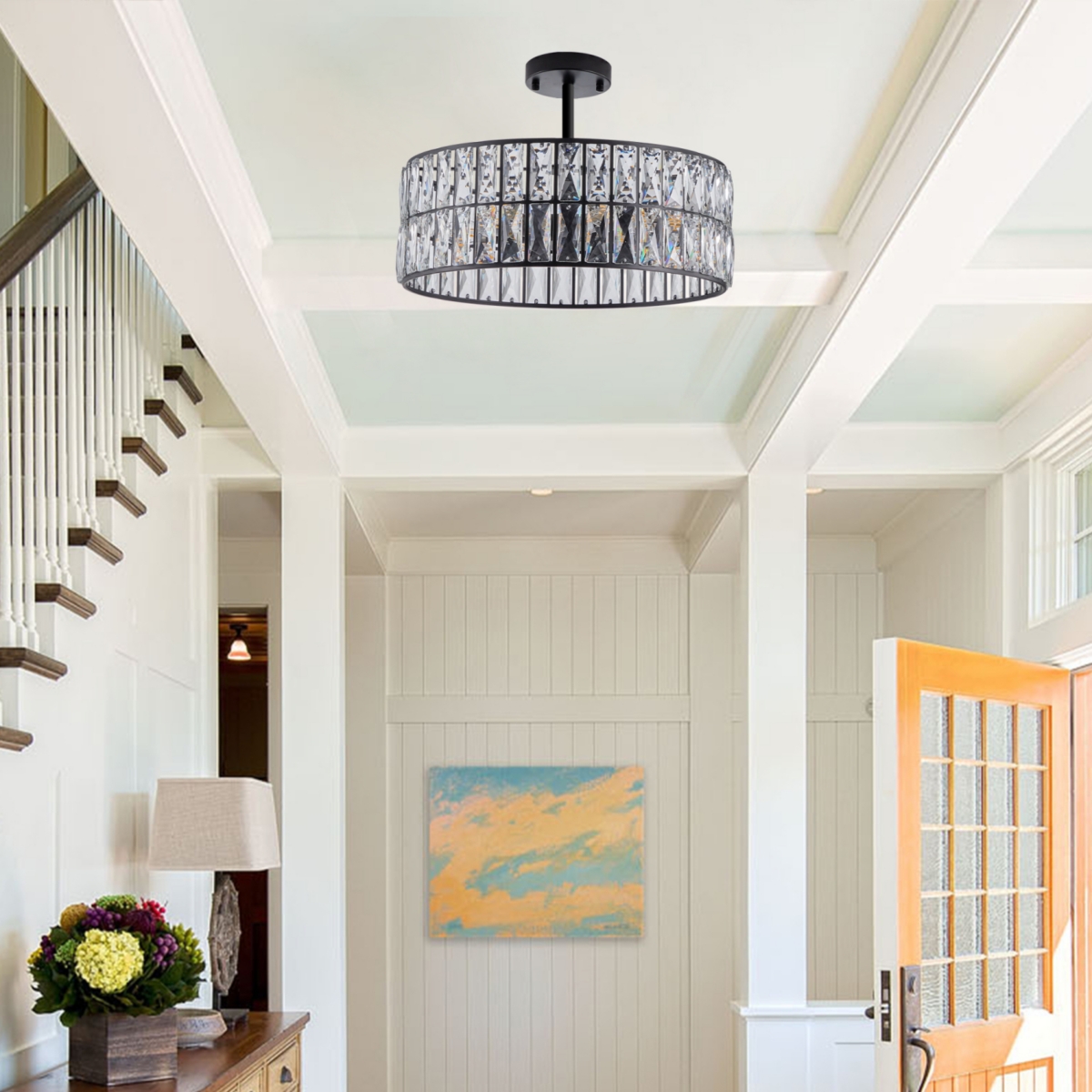 Streamdale Modern Crystal Drum Chandelier with Black Frame for Home Lighting