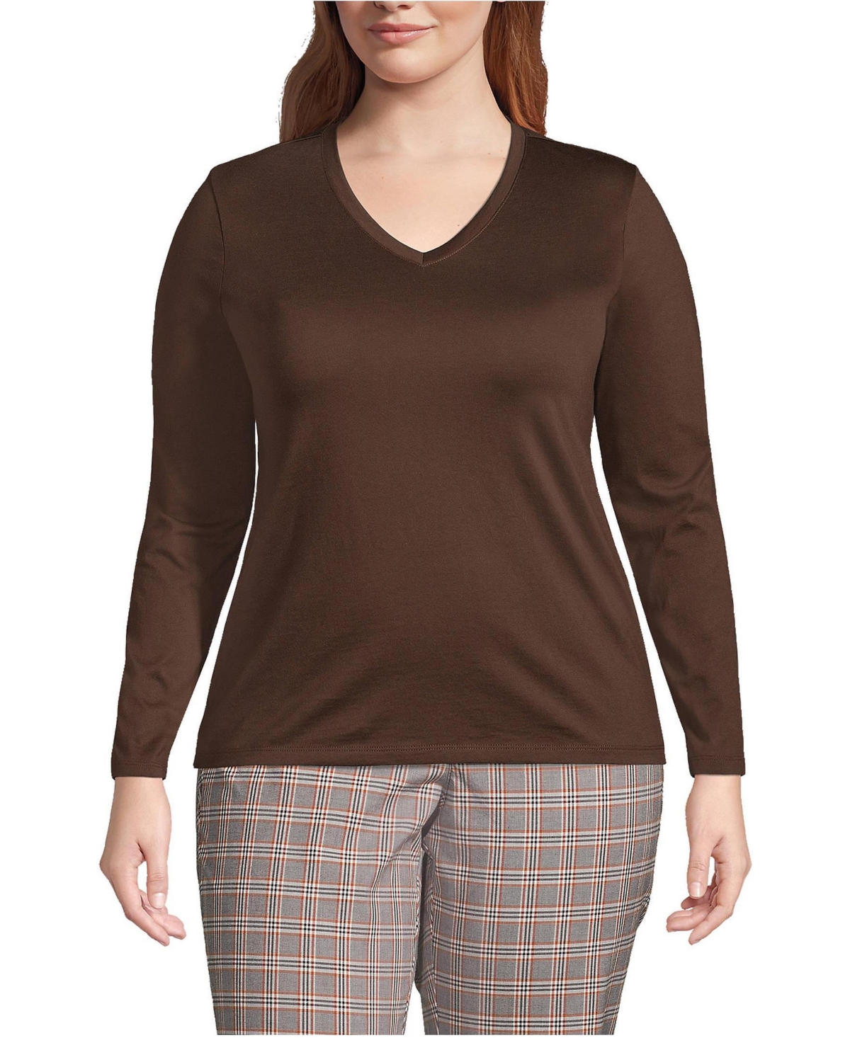 Lands' End Plus Size Relaxed Supima Cotton Long Sleeve V-Neck T-Shirt - Rich coffee