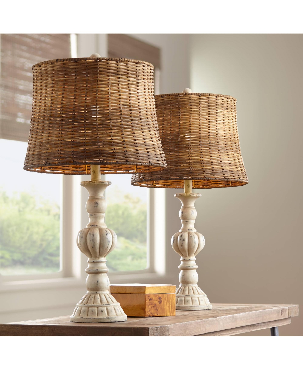 John Timberland Trinidad Country CottageTable Lamps High Set of 2 Antique White Candlestick Tropical Rattan Tapered Drum Shade for Livi