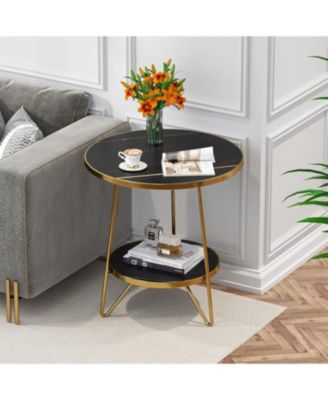 Faux Marble End Table, 2-Tier Round Side Table with Shelves, Modern Accent Table for Living Room or Bedroom