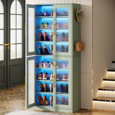 Tall Shoe Cabinet with Acrylic Doors and LED Lights, 8-Tier Entryway Shoe Storage Rack with Adjustable Shelves and Hanging Hooks